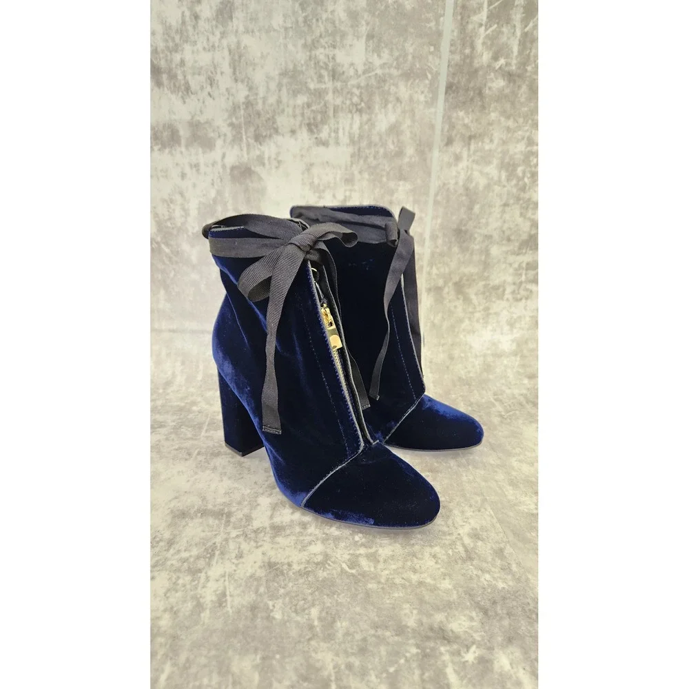 Zara Velvet Ankle Boots Women 41 Blue Front Zip Block Heel Ribbon Tie Gothic